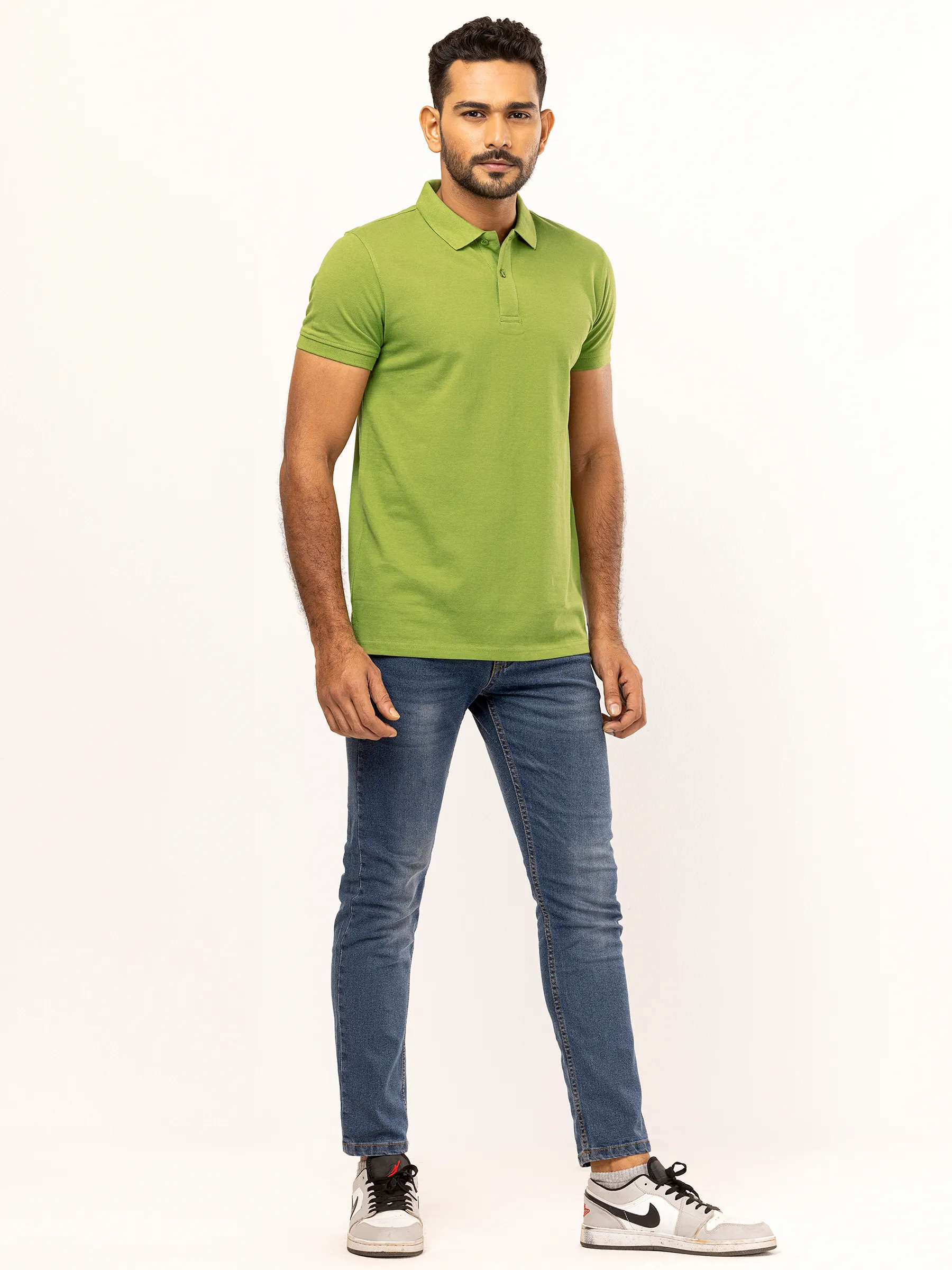 Leaf Green Cotton Slim Fit Polo Shirt